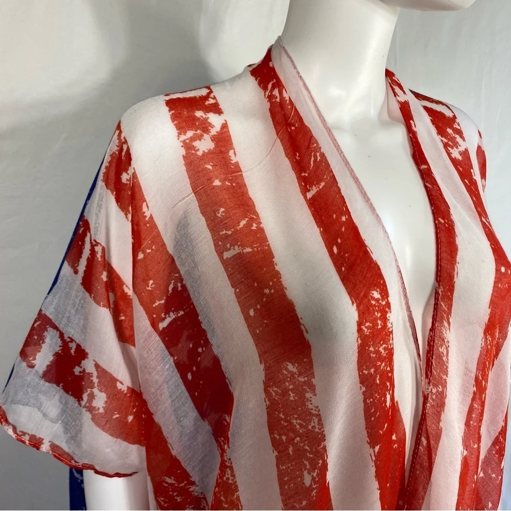 GMA Accessories Patriotic American Flag Sheer Open Front Fringed Swim Cover